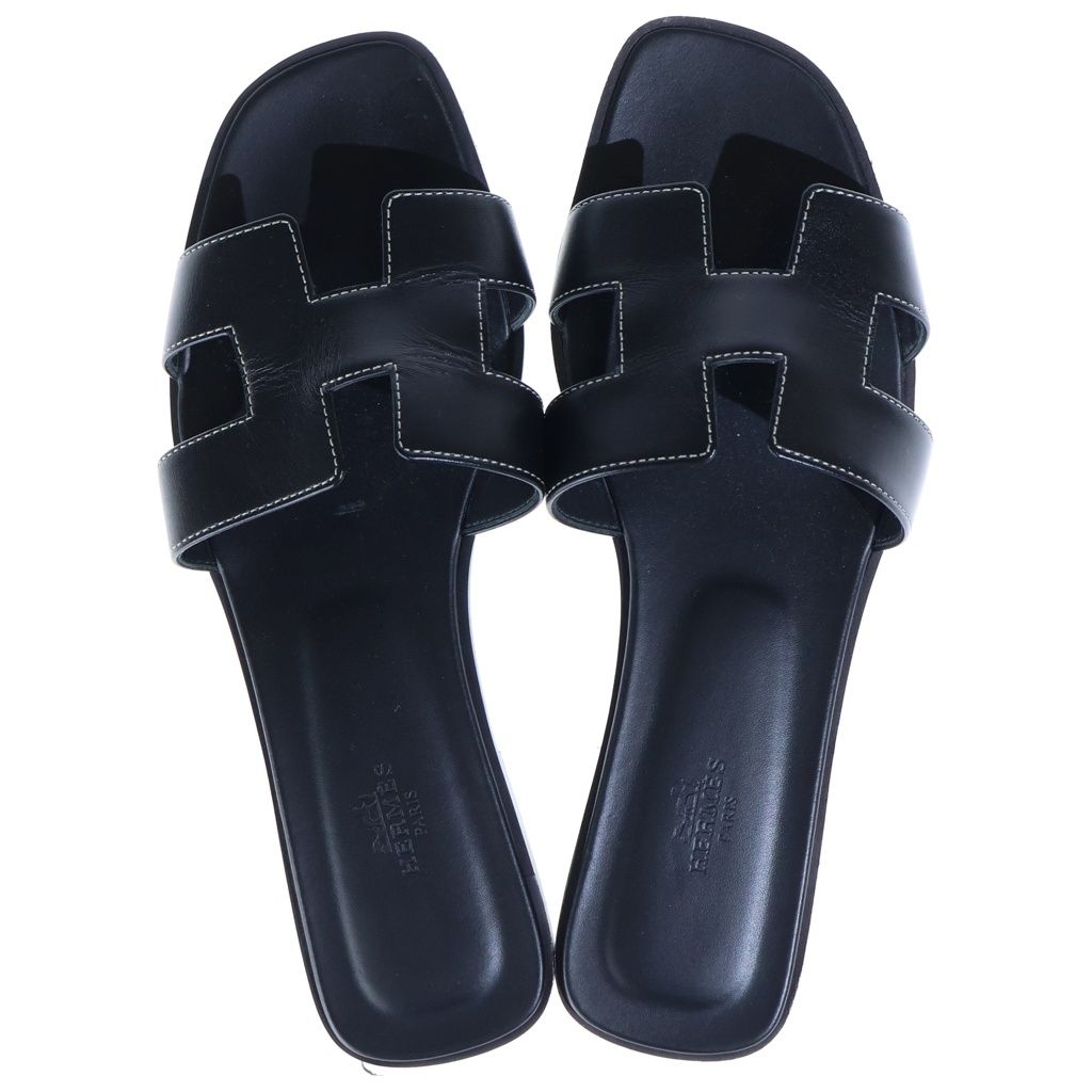 Hermes Oran Leather Sandals Shoes Box Calf Black — view 4
