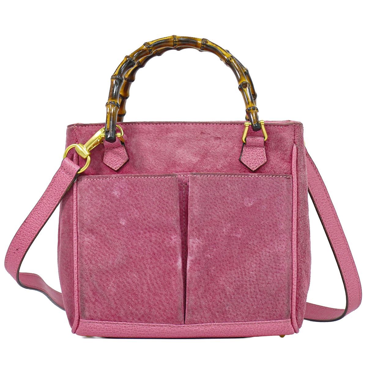Gucci Bamboo 2-Way Shoulder Bag Pochette Suede Leather Pink