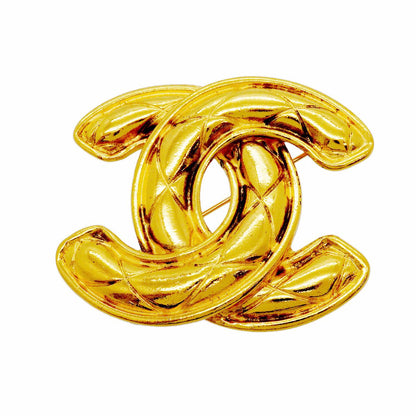Chanel Brooch Vintage CC Logo Quilted Gold Plated