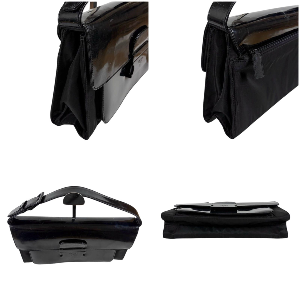 Prada Tessuto Nylon Mirror Calf Leather Hand Bag Handbag Black — view 5