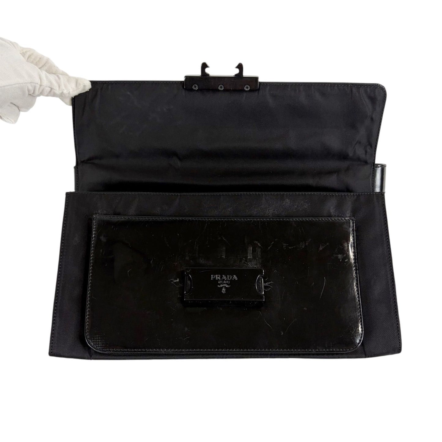 Prada Tessuto Nylon Mirror Calf Leather Hand Bag Handbag Black — view 4