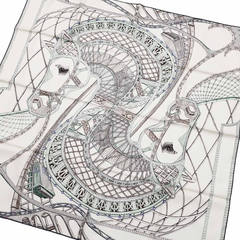 Hermes Carre 90 Horse of Hephaestus Scarf Silk Cream Green Brown — view 2