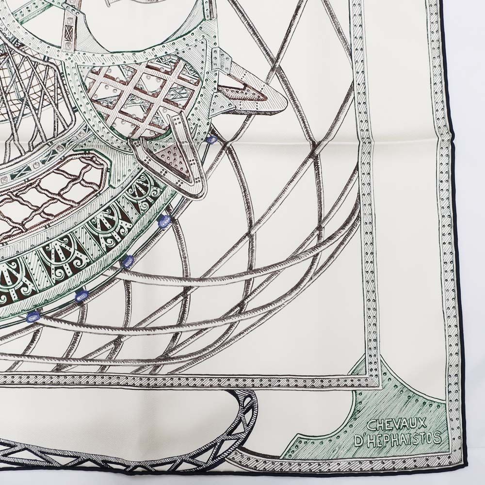 Hermes Carre 90 Horse of Hephaestus Scarf Silk Cream Green Brown — view 6