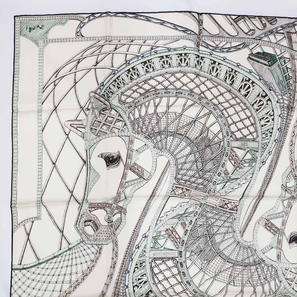 Hermes Carre 90 Horse of Hephaestus Scarf Silk Cream Green Brown — view 4