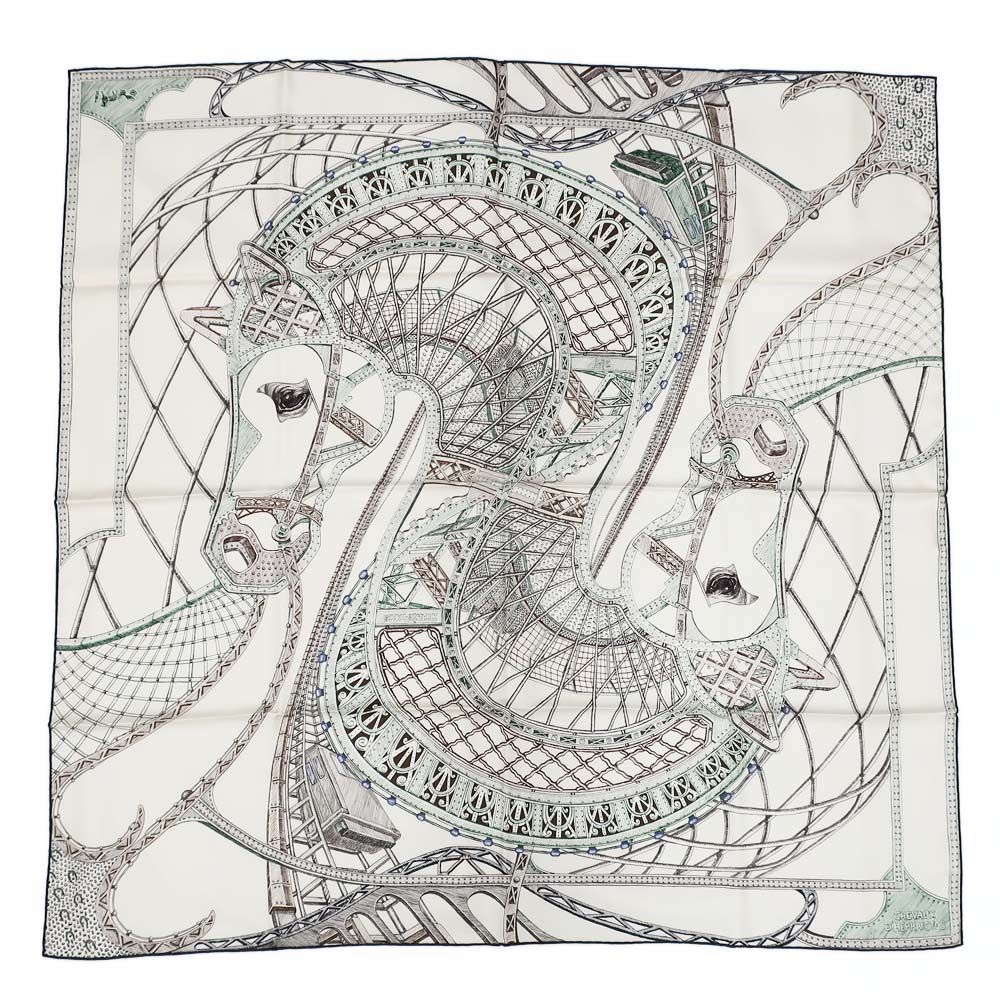 Hermes Carre 90 Horse of Hephaestus Scarf Silk Cream Green Brown