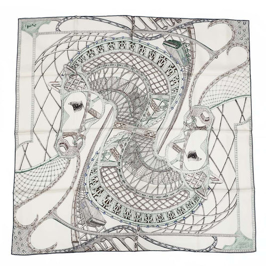 Hermes Carre 90 Horse of Hephaestus Scarf Silk Cream Green Brown