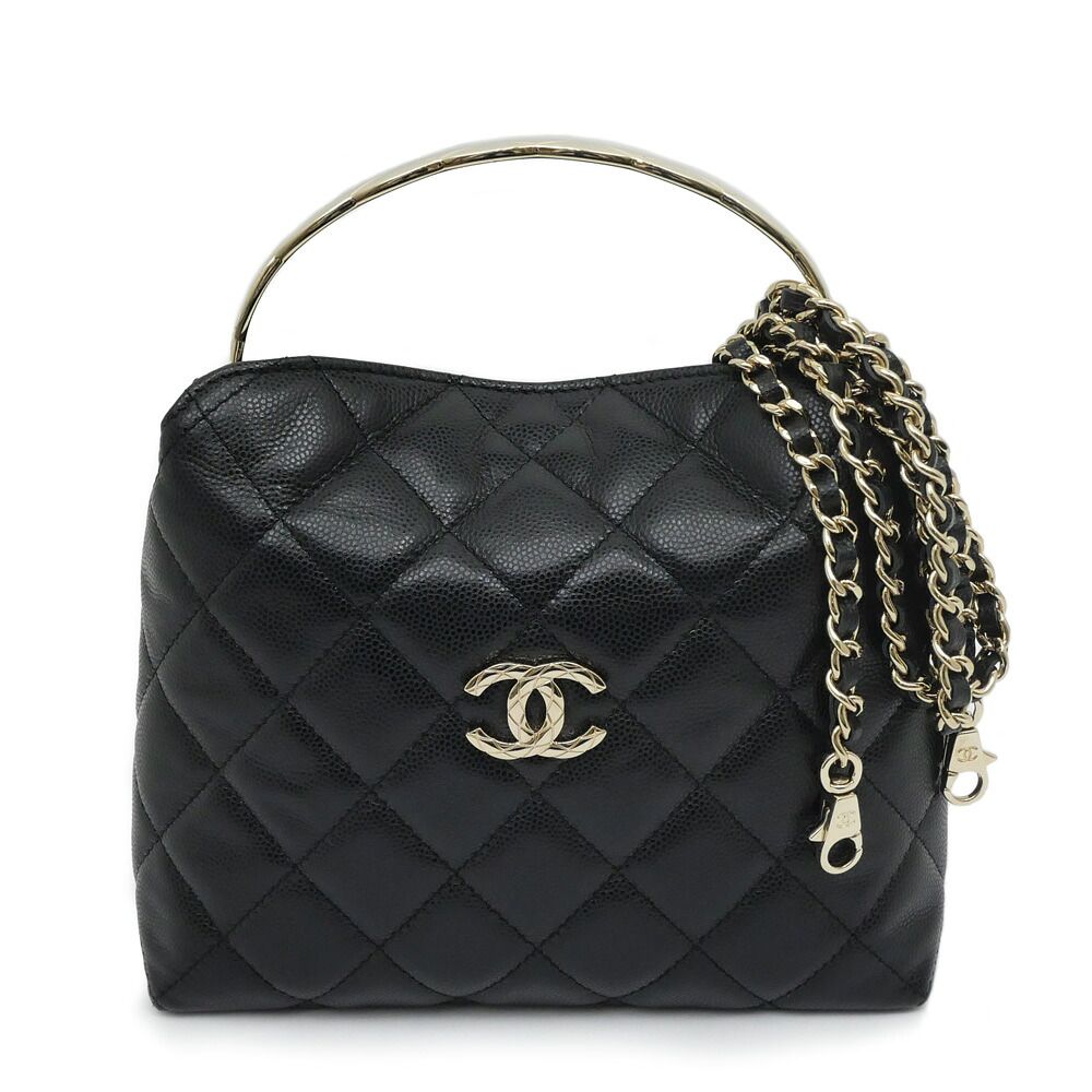 Chanel Metal Top Handle Black Caviar Leather Chain Hand Shoulder 2-Way Bag