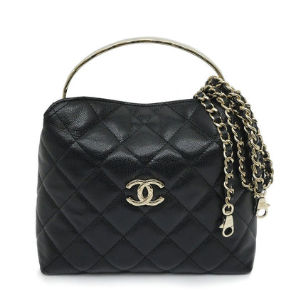 Chanel Metal Top Handle Black Caviar Leather Chain Hand Shoulder 2-Way Bag