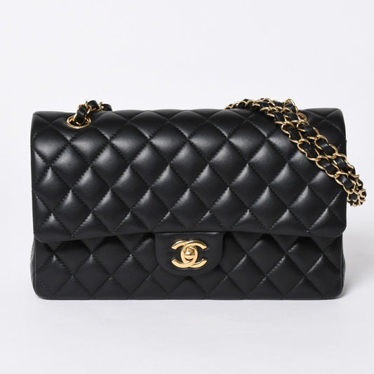 Chanel Quilted 25 Double Flap Chain Shoulder Bag Base CC Logo Lambskin Black