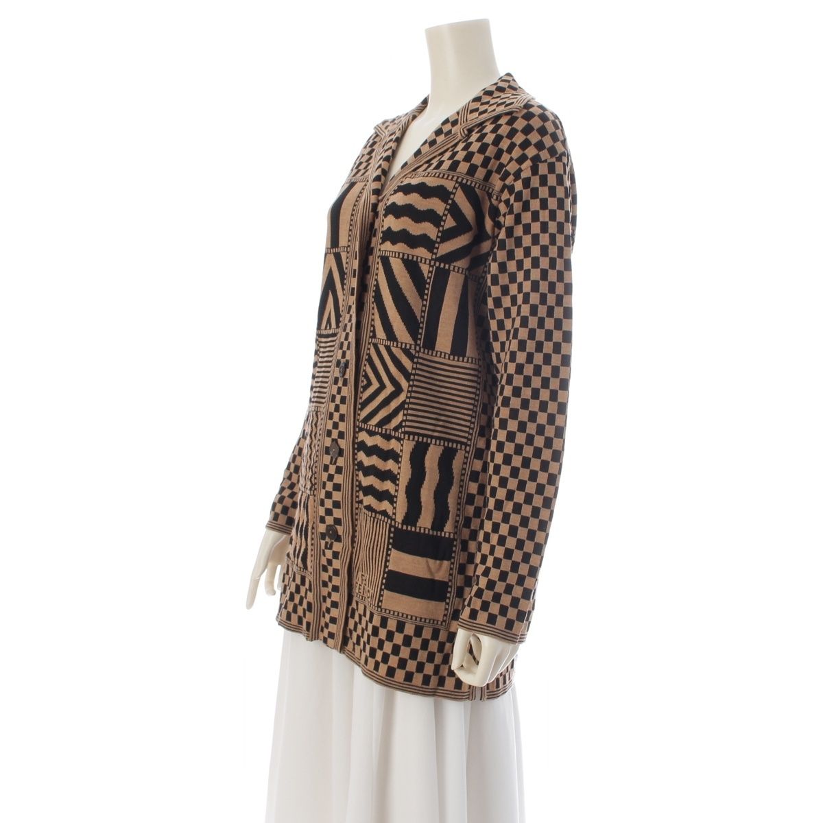 Fendi Wool All Over Print Open Collar Knit Cardigan Top Beige Black 42 — view 2