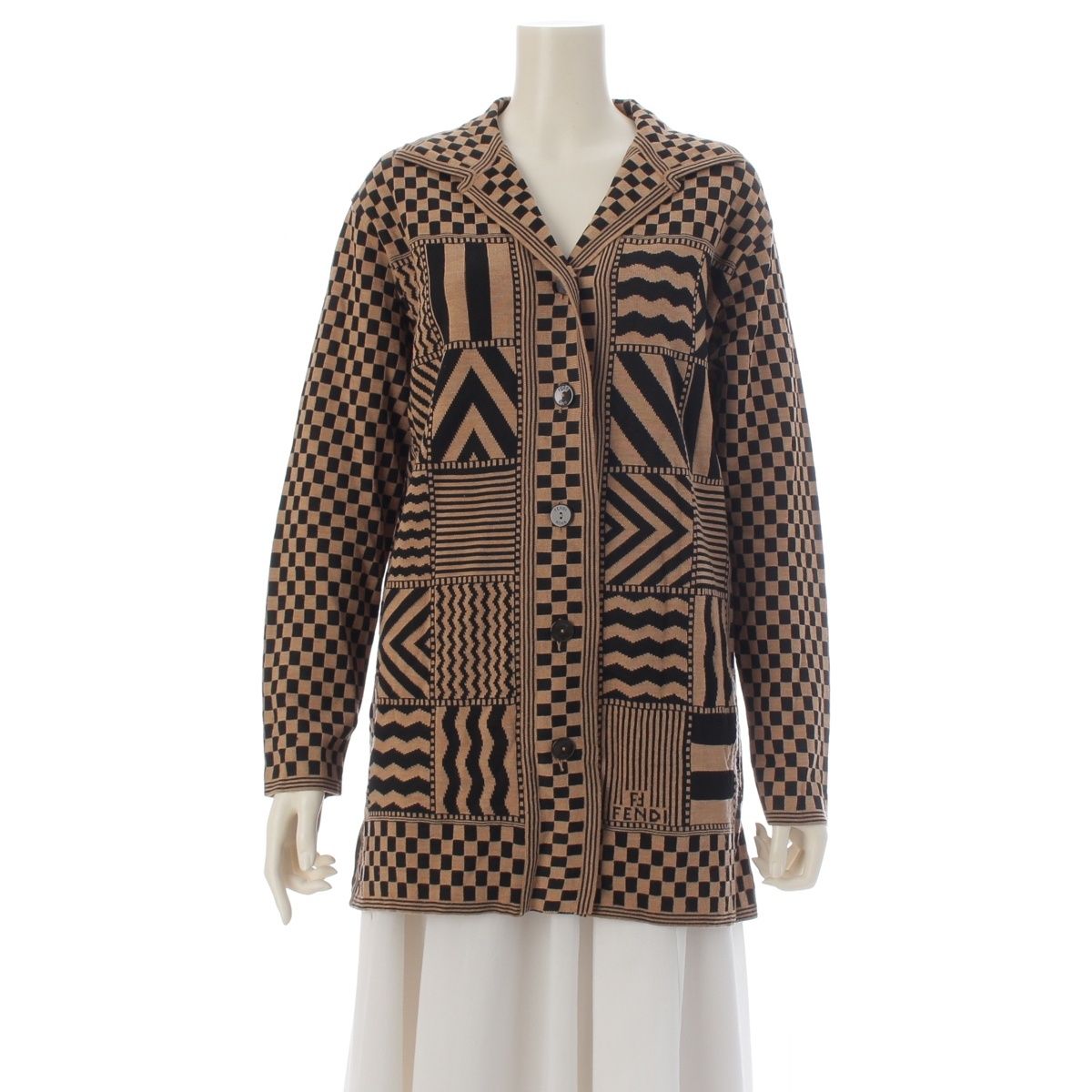 Fendi Wool All Over Print Open Collar Knit Cardigan Top Beige Black 42