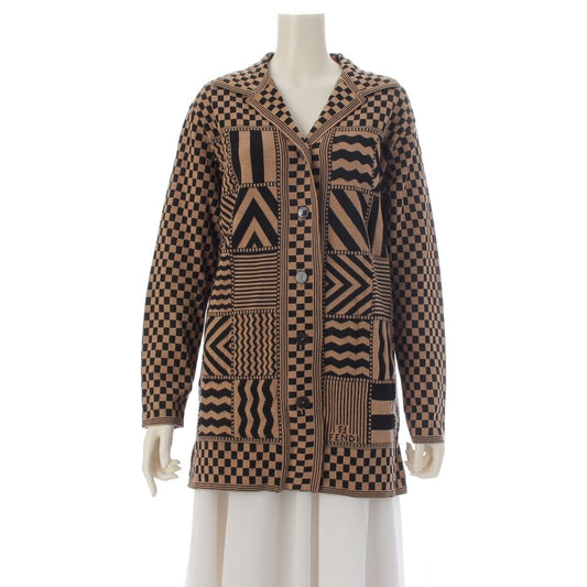 Fendi Wool All Over Print Open Collar Knit Cardigan Top Beige Black 42