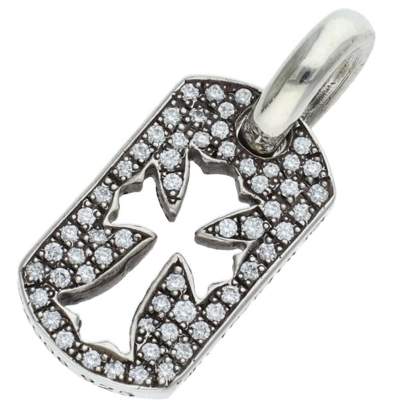 Chrome Hearts DT Tny CO P D Tiny Cutout Cross Dog Tag Pave Diamond Charm Silver