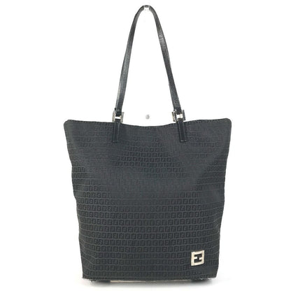Fendi Shoulder Bag Zucchino Logo Zucca Leather Canvas Black