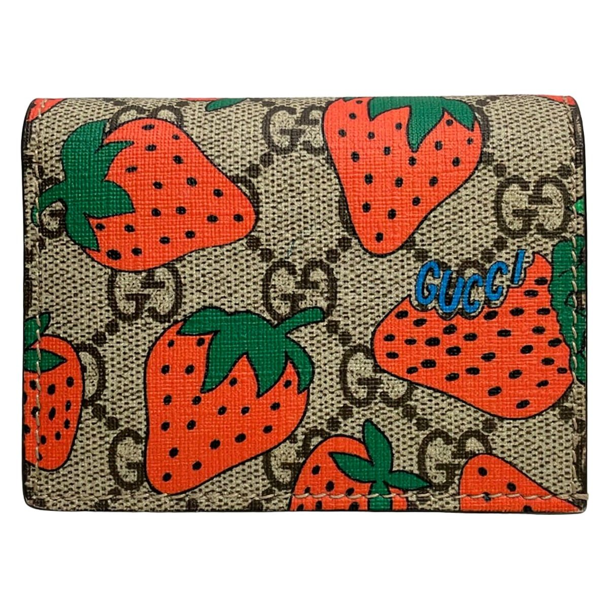 Gucci Bifold Wallet Strawberry Print GG Card Case Beige Red Multi