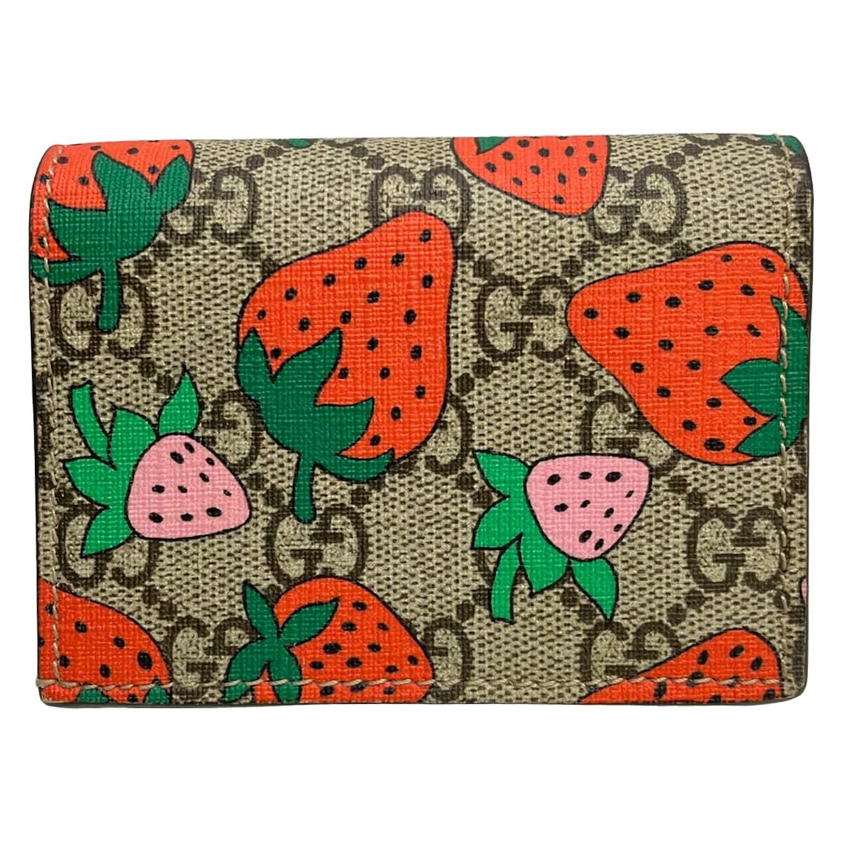 Gucci Bifold Wallet Strawberry Print GG Card Case Beige Red Multi — view 2