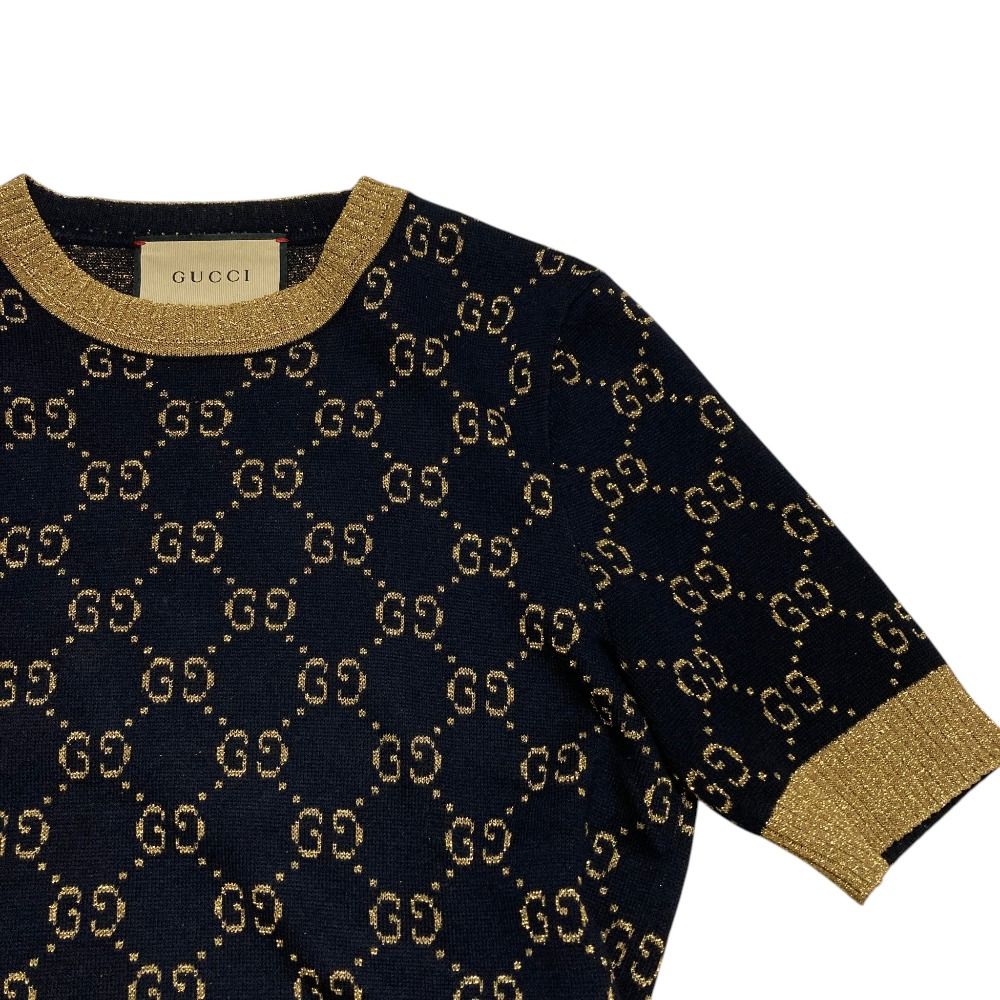 Gucci GG Cotton Glitter Fabric Short Sleeve Knit Sweater Black Gold S — view 3