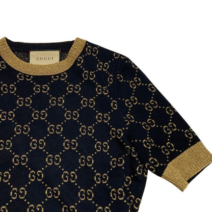 Gucci GG Cotton Glitter Fabric Short Sleeve Knit Sweater Black Gold S — view 3