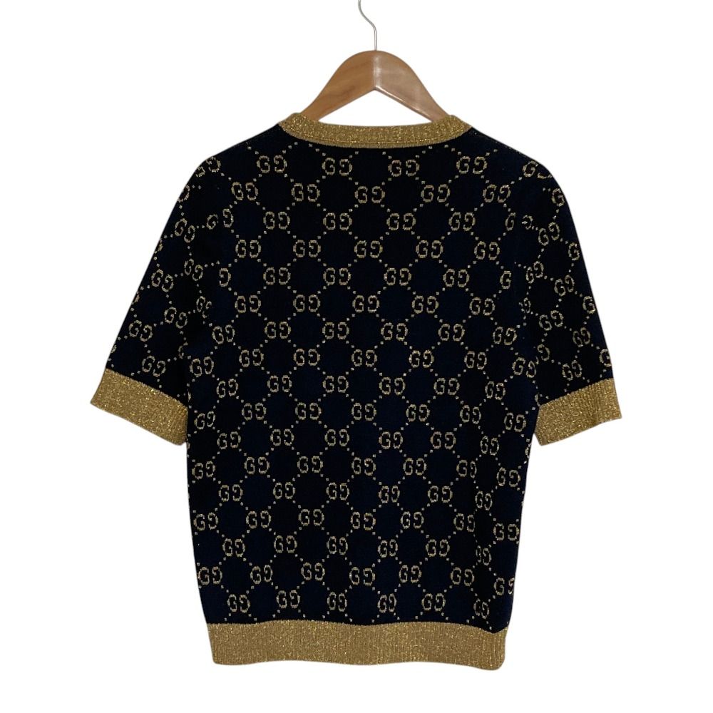 Gucci GG Cotton Glitter Fabric Short Sleeve Knit Sweater Black Gold S — view 2