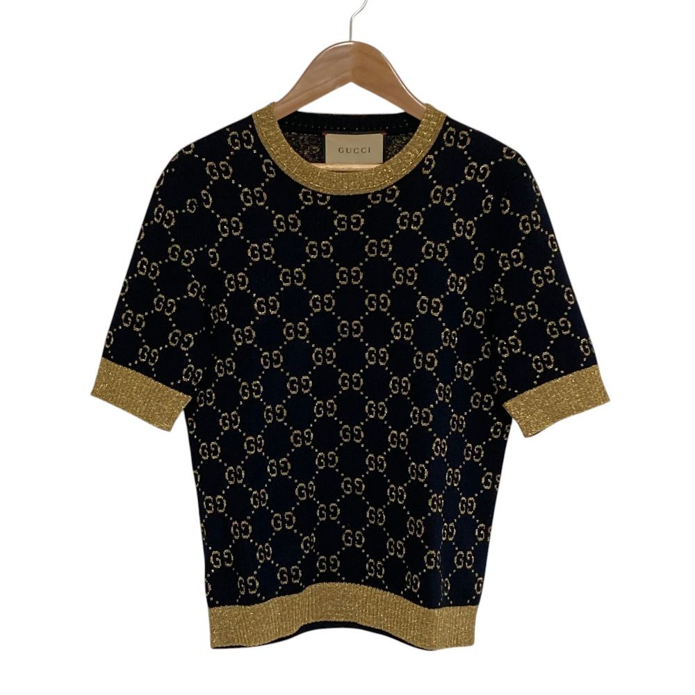 Gucci GG Cotton Glitter Fabric Short Sleeve Knit Sweater Black Gold S
