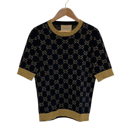 Gucci GG Cotton Glitter Fabric Short Sleeve Knit Sweater Black Gold S