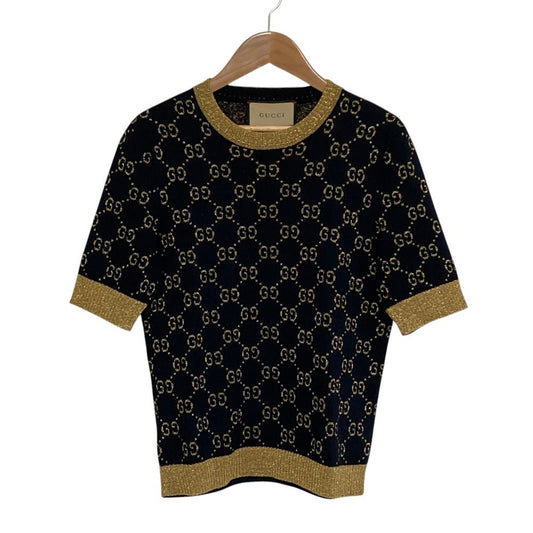 Gucci GG Cotton Glitter Fabric Short Sleeve Knit Sweater Black Gold S