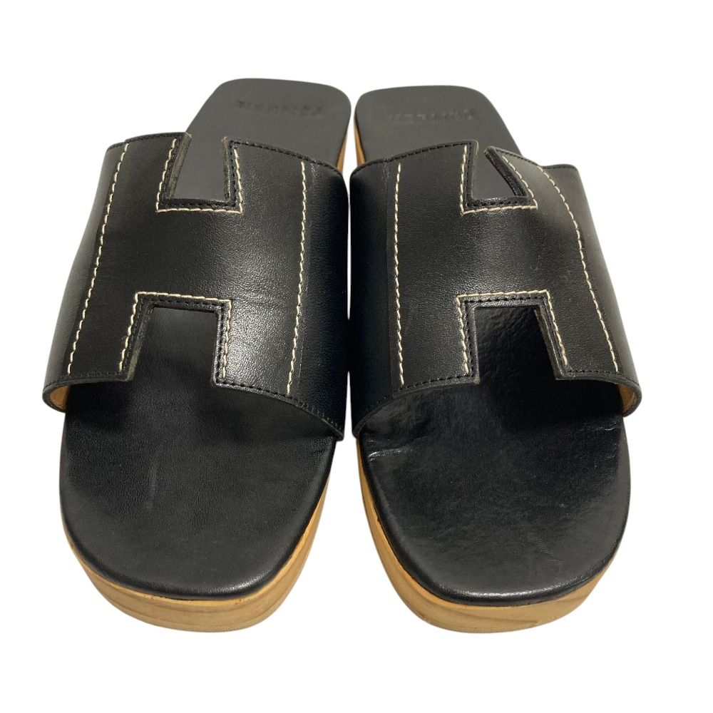 Hermes Kevlar H Motif Wood Sole Sandals Black — view 2