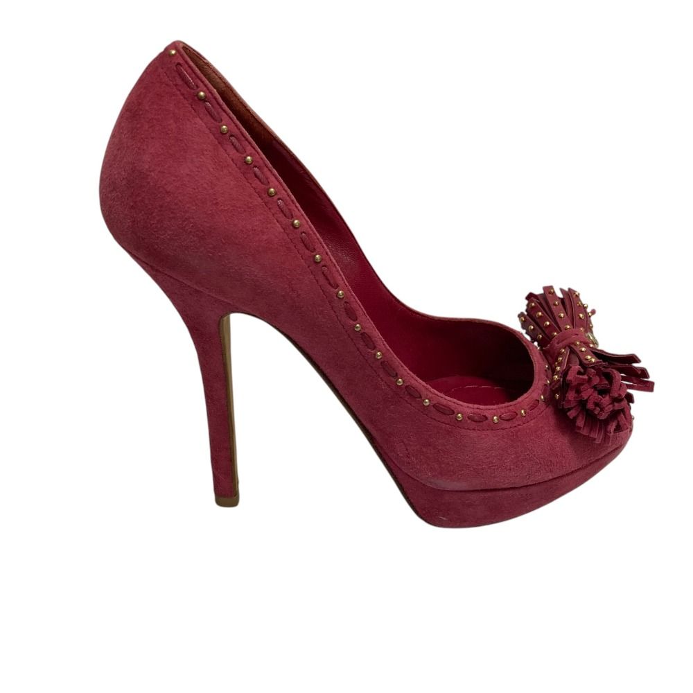 Dior Tassel Ribbon Open Toe Suede Pumps Pink Heels — view 5