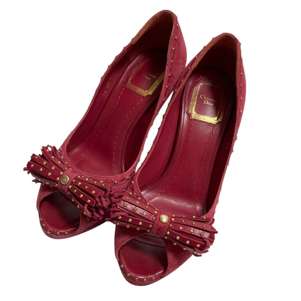Dior Tassel Ribbon Open Toe Suede Pumps Pink Heels