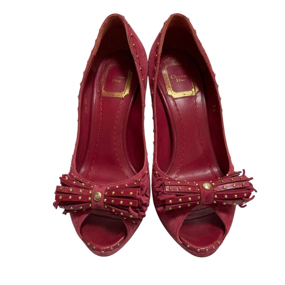 Dior Tassel Ribbon Open Toe Suede Pumps Pink Heels — view 2