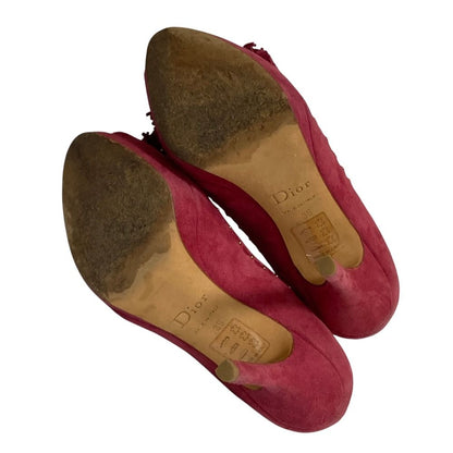 Dior Tassel Ribbon Open Toe Suede Pumps Pink Heels — view 6