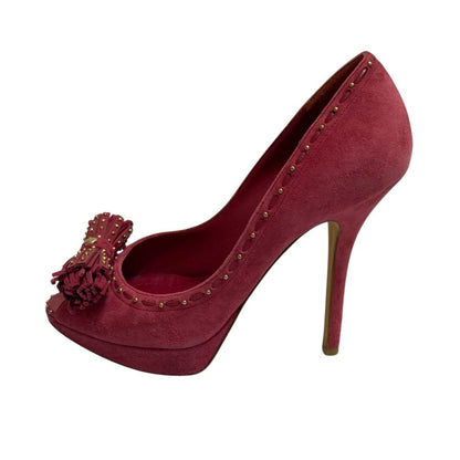 Dior Tassel Ribbon Open Toe Suede Pumps Pink Heels — view 3