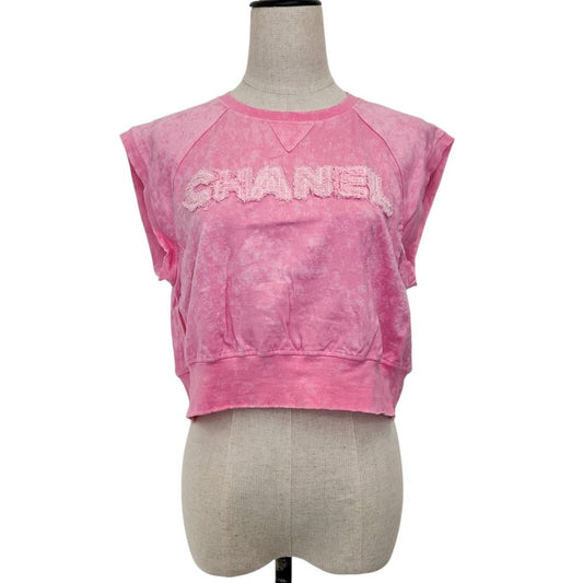 Chanel Tweed Logo Patch Design Cropped French Sleeve Top Pink XS