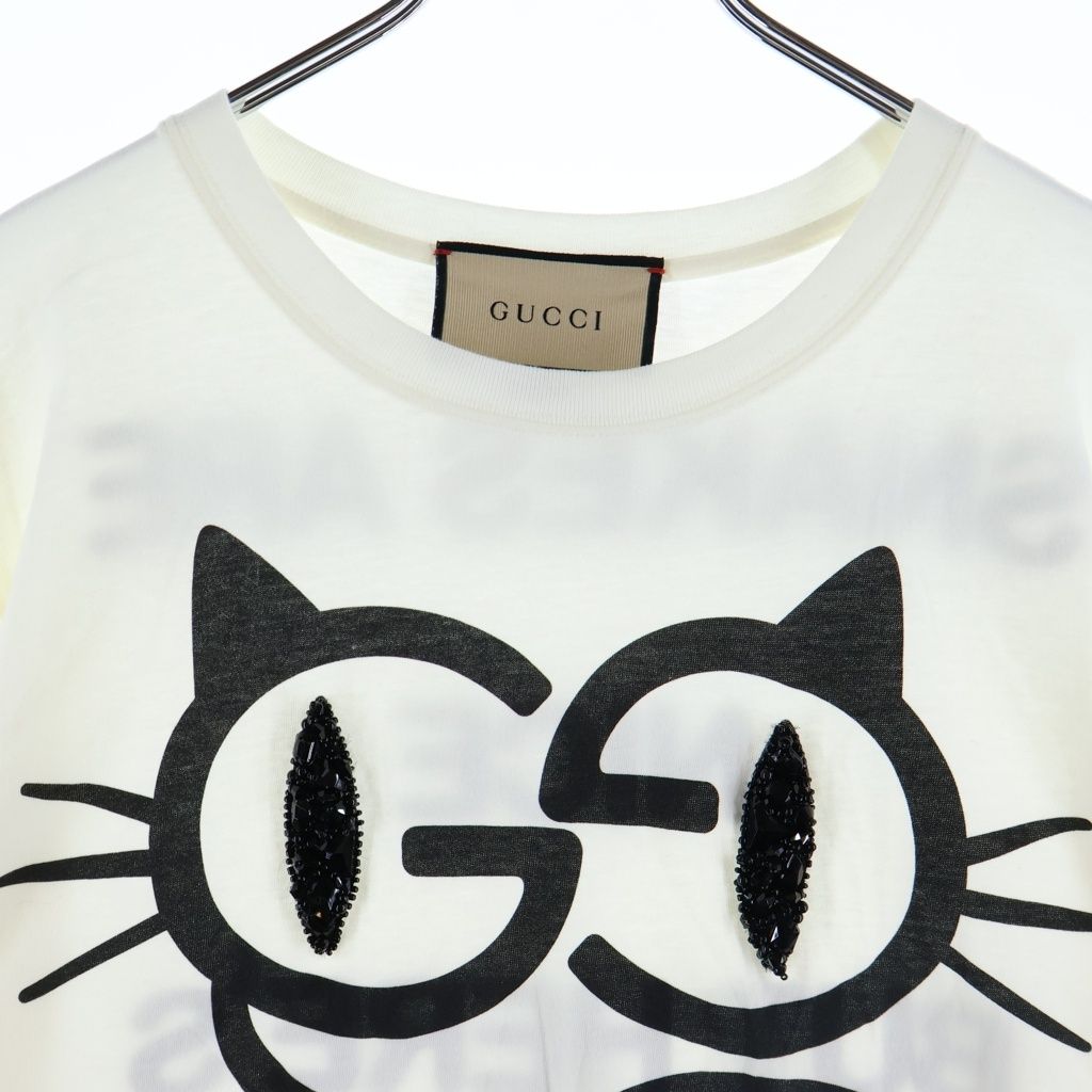 Gucci Cat Eye Rhinestone Print Embroidery Crew Neck Short Sleeve T-Shirt White — view 3