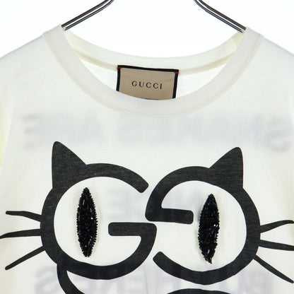 Gucci Cat Eye Rhinestone Print Embroidery Crew Neck Short Sleeve T-Shirt White — view 3