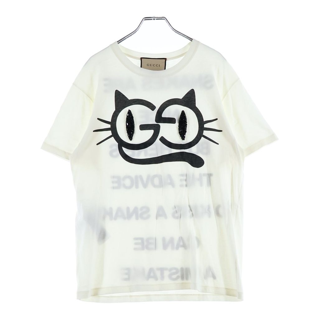 Gucci Cat Eye Rhinestone Print Embroidery Crew Neck Short Sleeve T-Shirt White