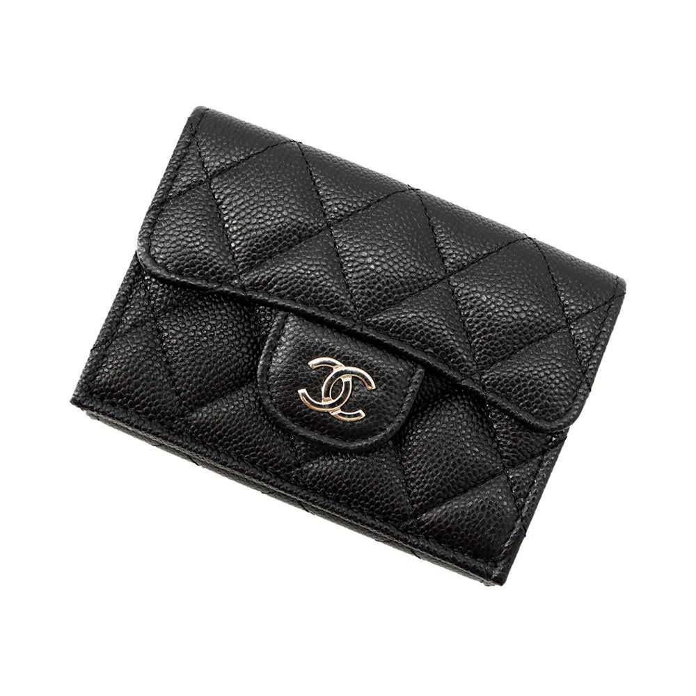 Chanel Trifold Wallet Quilted CC Logo Classic Small Flap Caviar Leather Black