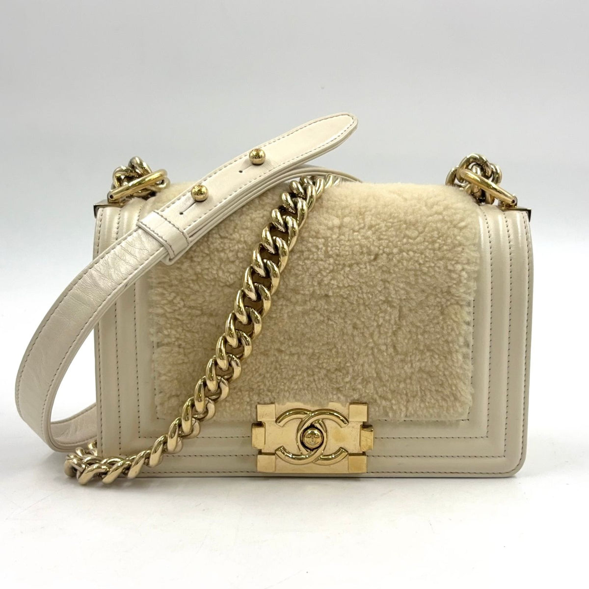Chanel Boy Leather Shearling Ivory Chain Shoulder Bag Gold