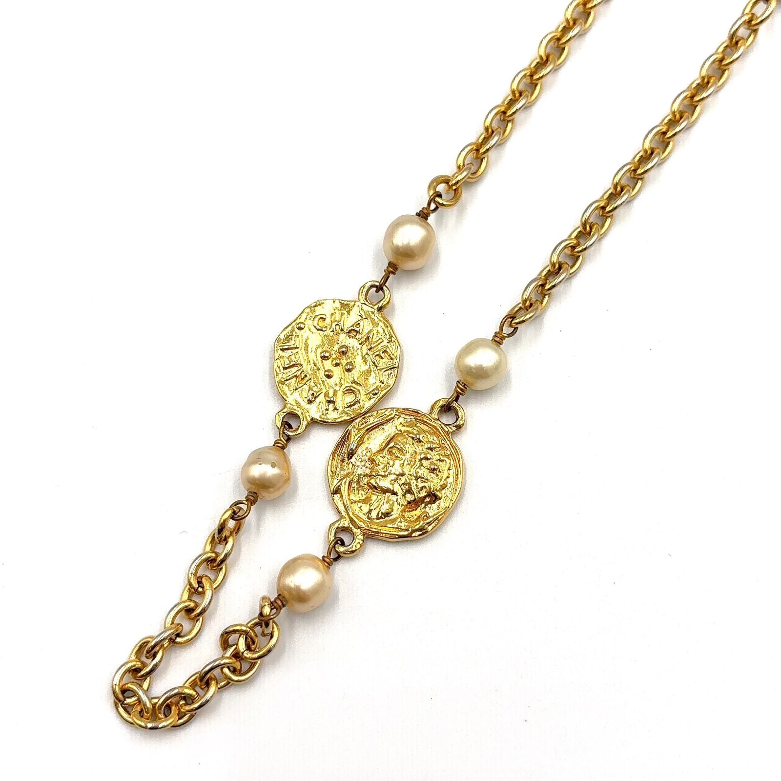 Chanel CC Logo Coin Motif Metal Faux Pearl Gold Necklace — view 2