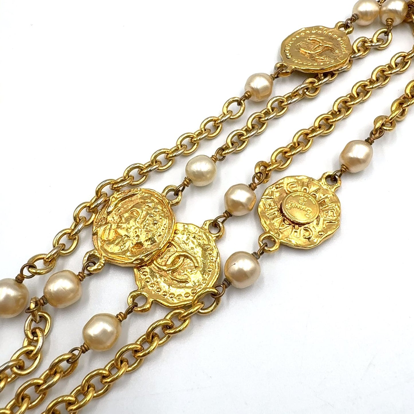 Chanel CC Logo Coin Motif Metal Faux Pearl Gold Necklace — view 8