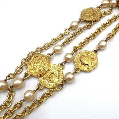 Chanel CC Logo Coin Motif Metal Faux Pearl Gold Necklace — view 8