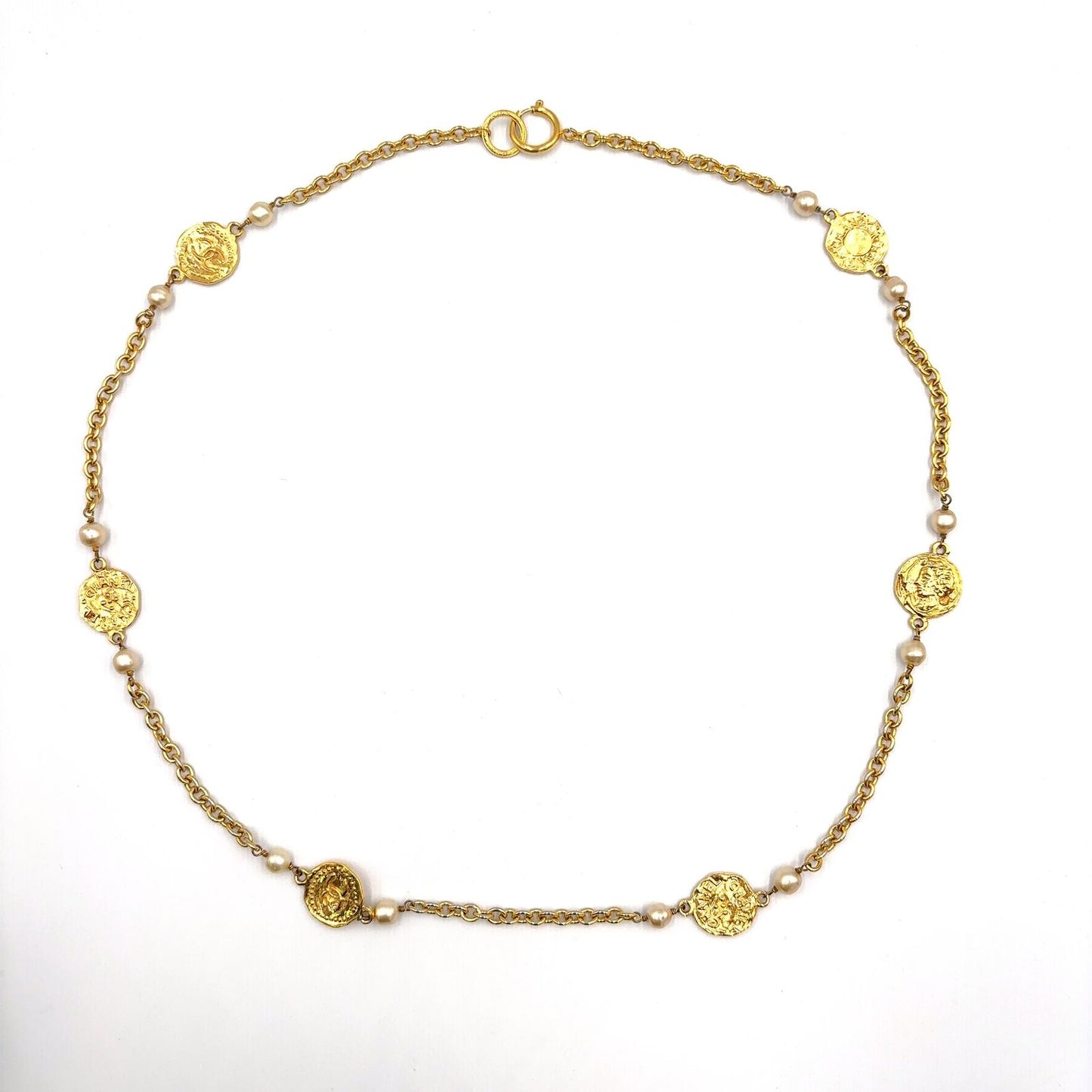 Chanel CC Logo Coin Motif Metal Faux Pearl Gold Necklace — view 3