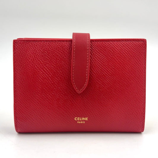 Celine Medium Strap Wallet Bifold Leather Red Gold
