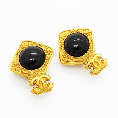 Chanel Earrings Vintage CC Logo Gold Plated Black — view 2