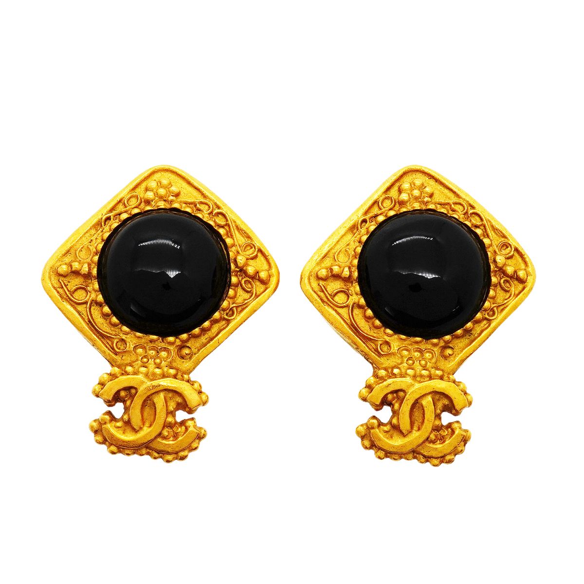 Chanel Earrings Vintage CC Logo Gold Plated Black