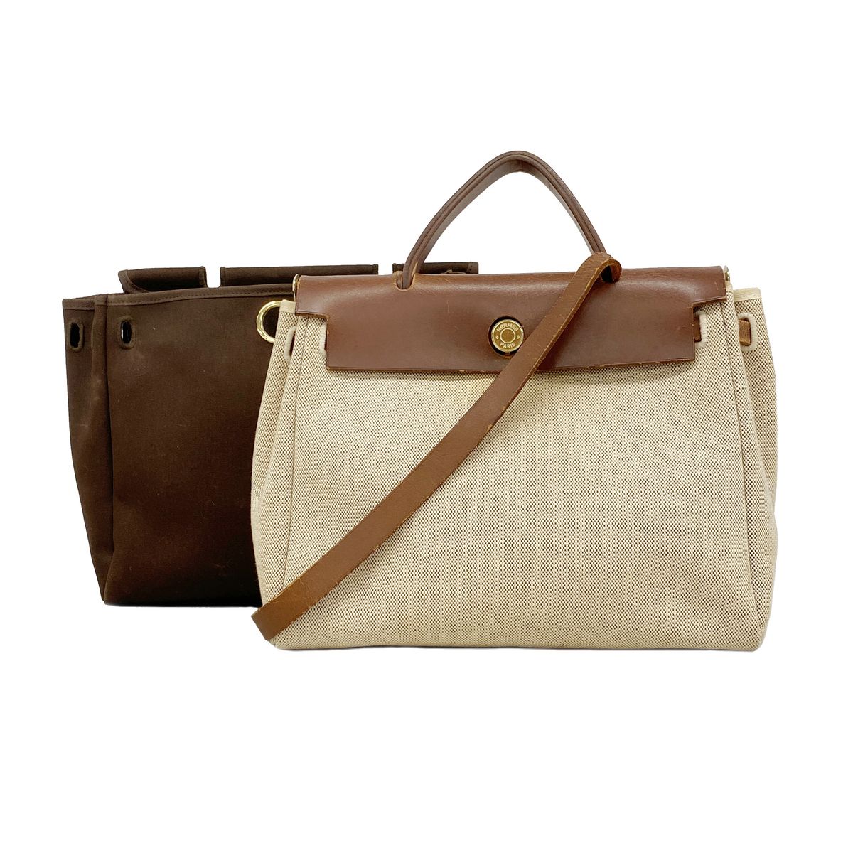 Hermes Handbag Herbag PM Toile H Brown Gold 2-Way Bag