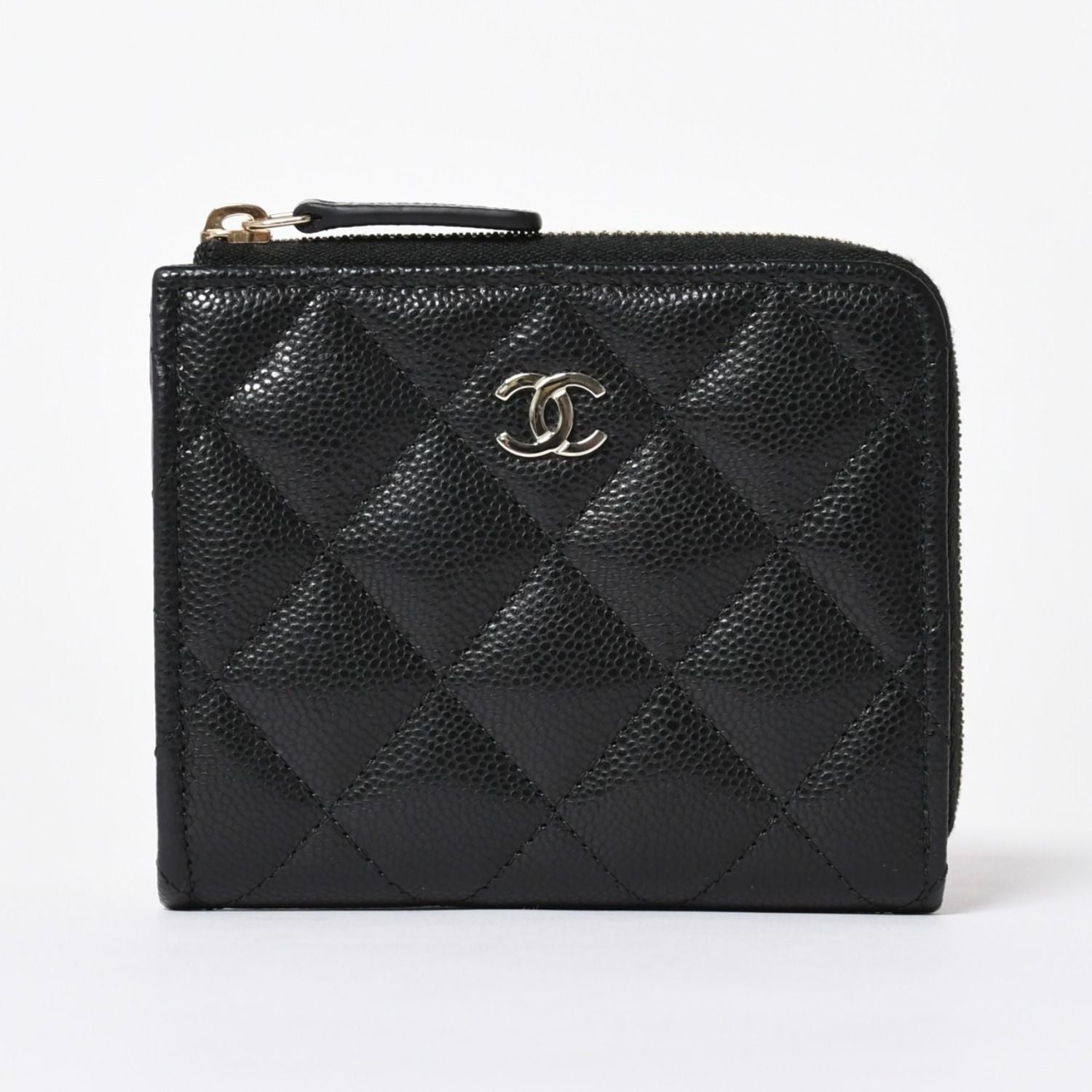Chanel Quilted Compact Wallet Coin Purse Caviar Leather Black Gold