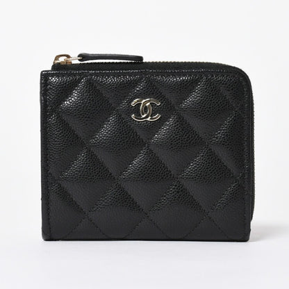 Chanel Quilted Compact Wallet Coin Purse Caviar Leather Black Gold