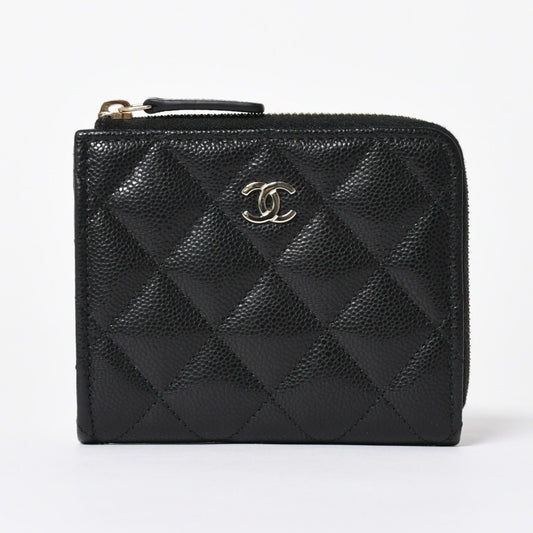 Chanel Quilted Compact Wallet Coin Purse Caviar Leather Black Gold