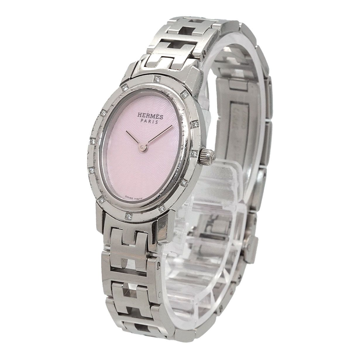 Hermes Clipper Nacre Oval Vintage Watch Diamond Bezel Quartz — view 2